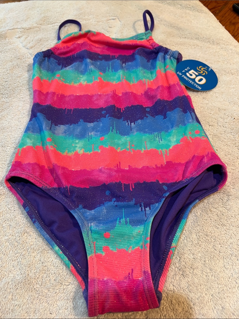 Girls Rainbow Drip-Stripe One-Piece Swimsuit with Purple Trim